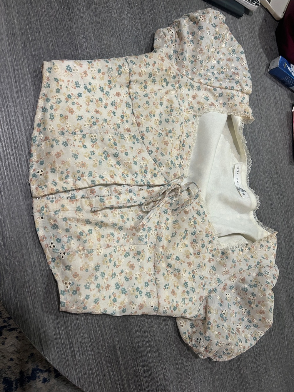 Altar'd State Cream Floral Puff-Sleeve Tie-Front Blouse